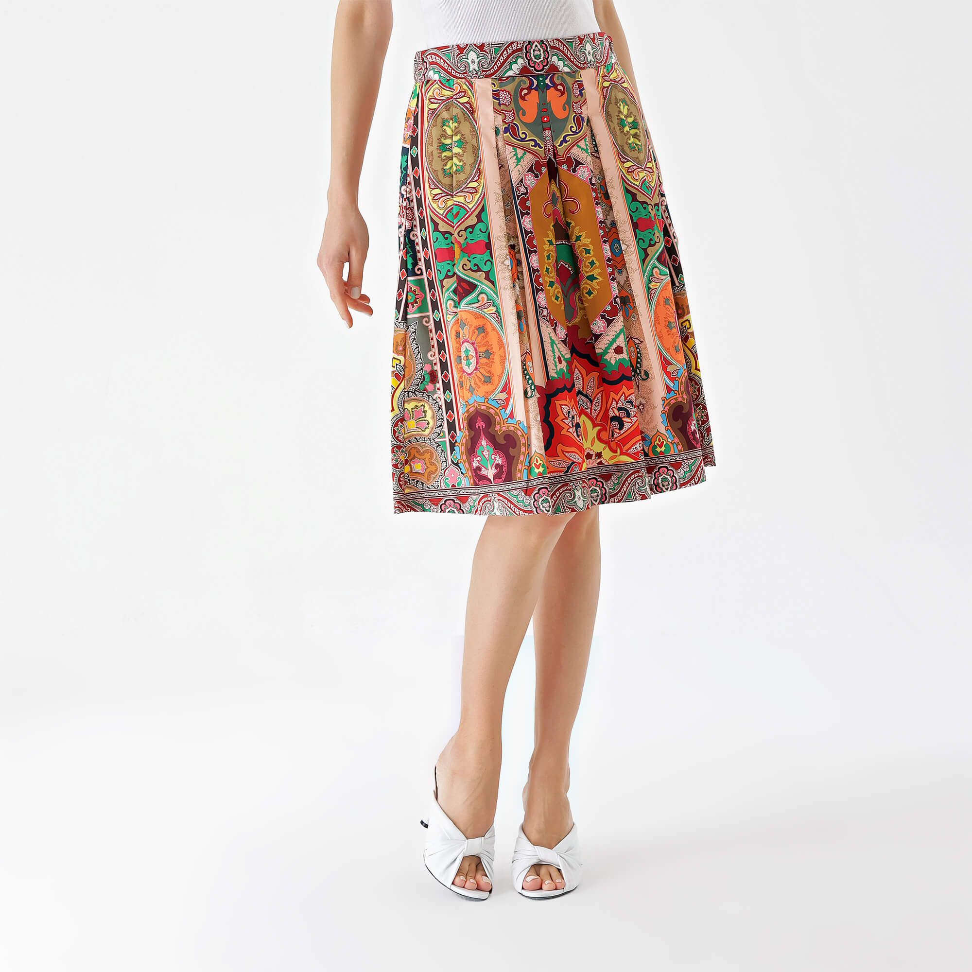 Etro-Multicolor Cotton Paisley Printed Pleated Skirt